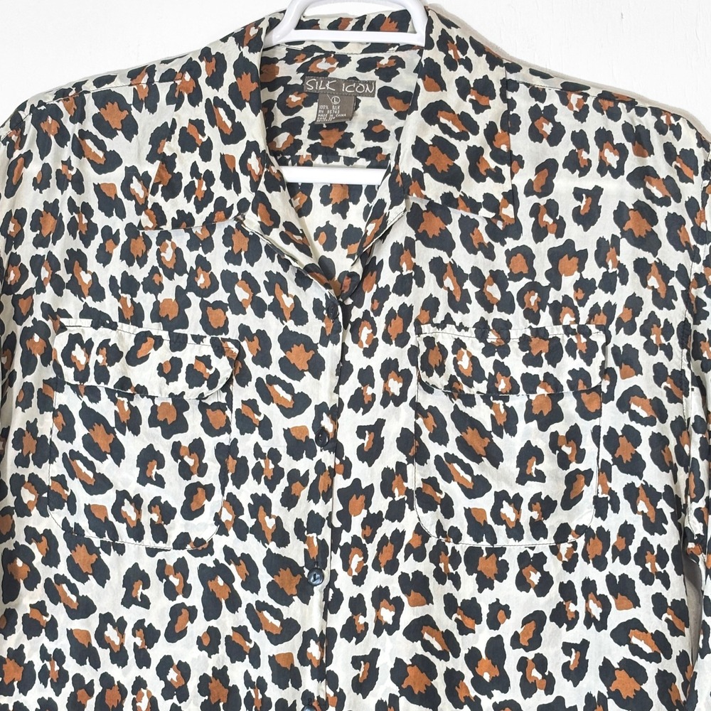 Silk Icon Womens Leopard Print 100% Silk Button Up Blouse Sz L Cheetah Relaxed